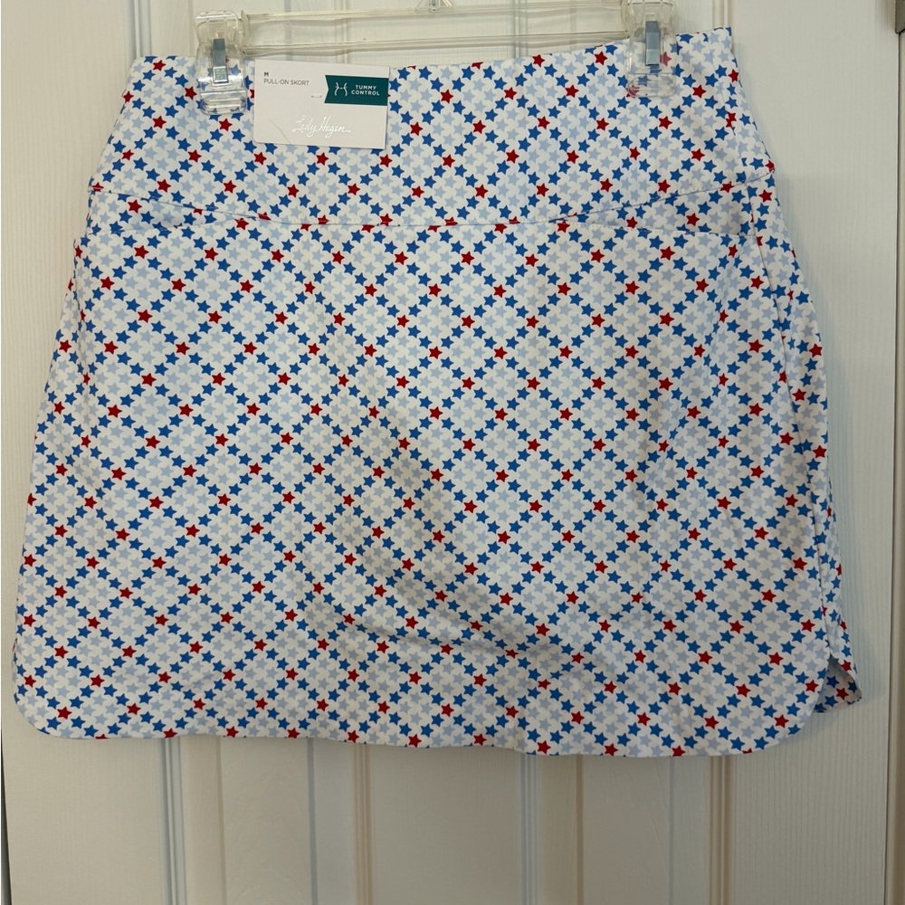 Lady Hagen 17” Tummy Control Pull on White Skort with Blue and Red Pattern